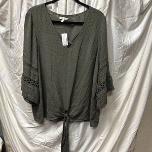 Maurices Green Blouse with Tie Front and V-Neck